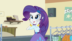 Size: 1920x1080 | Tagged: safe, screencap, rarity, equestria girls, g4, my little pony equestria girls: friendship games, bracelet, clothes, clothes rack, cute, female, jewelry, raribetes, skirt, solo