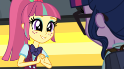 Size: 1920x1080 | Tagged: safe, screencap, sci-twi, sour sweet, twilight sparkle, equestria girls, g4, my little pony equestria girls: friendship games, bowtie, glasses, ponytail, smiling, when she smiles