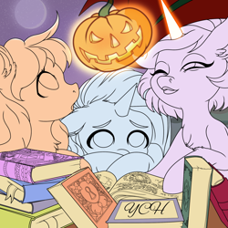 Size: 2000x2000 | Tagged: safe, artist:ynery, oc, earth pony, pegasus, pony, book, commission, female, halloween, hat, high res, holiday, horn, jack-o-lantern, magic, moon, open mouth, pumpkin, scared, witch hat, your character here