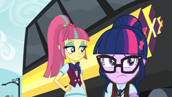 Size: 1920x1080 | Tagged: safe, screencap, sci-twi, sour sweet, twilight sparkle, equestria girls, g4, my little pony equestria girls: friendship games, bowtie, bus, glasses, ponytail