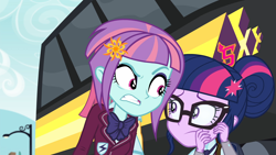 Size: 1920x1080 | Tagged: safe, screencap, sci-twi, sour sweet, sunny flare, twilight sparkle, human, equestria girls, g4, my little pony equestria girls: friendship games, angry, bus, clothes, crystal prep academy uniform, female, glasses, gritted teeth, hair bun, necktie, school tie, school uniform, schoolgirl