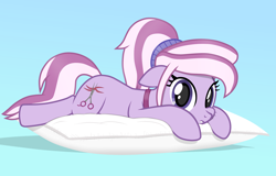 Size: 3542x2262 | Tagged: safe, artist:chomakony, oc, oc only, oc:zoasie, earth pony, pony, cheek squish, earth pony oc, female, gradient background, high res, looking at you, lying down, mare, pillow, ponytail, scissors, show accurate, simple background, solo, squishy cheeks, tail