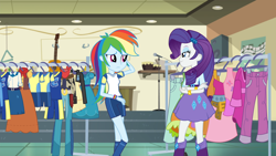 Size: 1920x1080 | Tagged: safe, screencap, rainbow dash, rarity, equestria girls, g4, my little pony equestria girls: friendship games, boots, clothes, female, instant cosplay surprise, rainbow dash always dresses in style, shoes, skirt