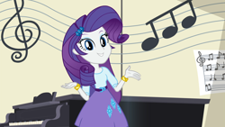 Size: 1920x1080 | Tagged: safe, screencap, rarity, equestria girls, g4, my little pony equestria girls: friendship games, bracelet, clothes, female, jewelry, looking at you, music notes, musical instrument, piano, skirt, solo
