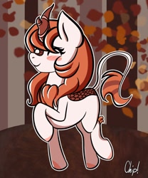 Size: 1000x1200 | Tagged: safe, artist:plaguemare, oc, oc only, oc:chip breeze, kirin, autumn, autumn leaves, blushing, female, happy, horn, jumping, kirin oc, kirin-ified, leaf, leaves, mare, running, signature, smiling, solo, species swap, white outline