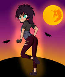 Size: 2600x3100 | Tagged: safe, artist:caoscore, sunset shimmer, human, vampire, equestria girls, g4, ass, bunset shimmer, butt, clothes, costume, fangs, halloween, halloween costume, high res, holiday, mare in the moon, moon, solo, vampire costume, vampire shimmer, wig