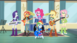 Size: 1920x1080 | Tagged: safe, screencap, applejack, fluttershy, pinkie pie, rainbow dash, rarity, sunset shimmer, equestria girls, g4, my little pony equestria girls: friendship games, humane five, musical instrument