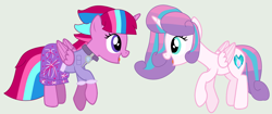 Size: 4956x2072 | Tagged: safe, artist:jadeharmony, princess flurry heart, oc, oc:bubble sparkle, pony, bubbleverse, series:sprglitemplight diary, series:sprglitemplight life jacket days, series:springshadowdrops diary, series:springshadowdrops life jacket days, g4, alternate universe, base used, clothes, cousins, female, magical lesbian spawn, magical threesome spawn, multiple parents, next generation, offspring, older, older flurry heart, parent:glitter drops, parent:spring rain, parent:tempest shadow, parent:twilight sparkle, parents:glittershadow, parents:sprglitemplight, parents:springdrops, parents:springshadow, parents:springshadowdrops, sunshine sunshine