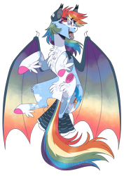 Size: 1579x2234 | Tagged: safe, artist:wanderingpegasus, rainbow dash, bat pony, pony, g4, alternate hairstyle, bat ponified, chest fluff, ear fluff, fangs, female, flying, freckles, halloween, holiday, leg fluff, mare, markings, open mouth, race swap, rainbowbat, simple background, solo, tongue out, transparent background, unshorn fetlocks