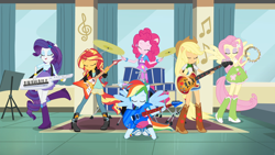 Size: 1920x1080 | Tagged: safe, screencap, applejack, fluttershy, pinkie pie, rainbow dash, rarity, sunset shimmer, equestria girls, friendship games, g4, applejack's hat, bass guitar, boots, bracelet, clothes, cowboy boots, cowboy hat, cutie mark on clothes, denim skirt, drum kit, drums, drumsticks, electric guitar, eyes closed, female, guitar, hairpin, hat, humane five, jacket, jewelry, leather, leather jacket, musical instrument, open mouth, open smile, ponied up, shoes, skirt, smiling, spread wings, tambourine, wings