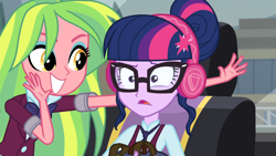 Size: 1920x1080 | Tagged: safe, screencap, lemon zest, sci-twi, twilight sparkle, equestria girls, g4, my little pony equestria girls: friendship games, cute, glasses, headphones, horrified, zestabetes