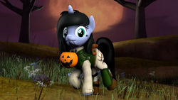 Size: 1179x663 | Tagged: safe, artist:lincoln ks115, oc, oc only, oc:shainer shrapnel shock, pony, unicorn, 3d, black mane, doom equestria, doompony, fantasy, female, flower, green eyes, halloween, holiday, horn, looking at you, moon, nightmare night, smiling, smiling at you, solo, source filmmaker, unicorn oc