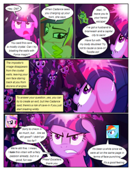 Size: 612x792 | Tagged: safe, artist:newbiespud, edit, edited screencap, screencap, princess cadance, queen chrysalis, rainbow dash, twilight sparkle, alicorn, pegasus, pony, unicorn, comic:friendship is dragons, a canterlot wedding, g4, angry, cave, comic, crystal, dialogue, disguise, disguised changeling, fake cadance, female, glowing horn, gritted teeth, horn, male, mare, reflection, screencap comic, smug, stallion, unicorn twilight