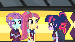 Size: 1920x1080 | Tagged: safe, screencap, sci-twi, sour sweet, sunny flare, twilight sparkle, equestria girls, g4, my little pony equestria girls: friendship games, bus, crystal prep academy, smiling, smirk