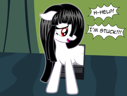 Size: 2448x1862 | Tagged: safe, artist:badumsquish, derpibooru exclusive, oc, oc only, ghost, ghost pony, original species, pony, undead, adorable distress, computer, cute, dialogue, female, floppy ears, glowing, laptop computer, looking back, ocbetes, red eyes, sad, sadako, samara, samara morgan, show accurate, smol, solo, static, struggling, stuck, the ass was too fat, the ring, thick