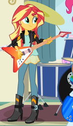 Size: 388x668 | Tagged: safe, screencap, sunset shimmer, equestria girls, g4, my little pony equestria girls: friendship games, boots, clothes, cropped, electric guitar, gibson flying v, guitar, leggings, musical instrument, shoes, solo focus