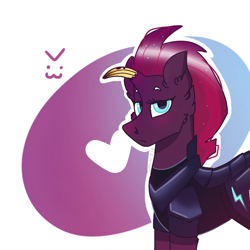 Size: 768x768 | Tagged: safe, artist:valkiria, derpibooru exclusive, tempest shadow, pony, unicorn, g4, >:3, armor, banana, broken horn, cute, fake horn, food, heart, horn, looking at you, simple background, tempest gets her horn back