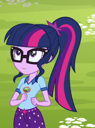 Size: 764x1026 | Tagged: safe, edit, edited screencap, editor:mycarhasamoustache, screencap, sci-twi, twilight sparkle, equestria girls, g4, my little pony equestria girls: legend of everfree, camp everfree outfits, cropped, smile edit, solo