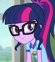 Size: 878x996 | Tagged: safe, screencap, sci-twi, twilight sparkle, equestria girls, g4, my little pony equestria girls: legend of everfree, camp everfree outfits, cropped, smiling, solo