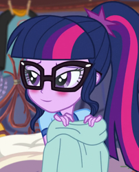 Size: 864x1070 | Tagged: safe, edit, edited screencap, editor:mycarhasamoustache, screencap, sci-twi, twilight sparkle, equestria girls, g4, my little pony equestria girls: legend of everfree, bed, bedroom eyes, blushing, clothes, cropped, female, glasses, lidded eyes, ponytail, smile edit, smiling, solo