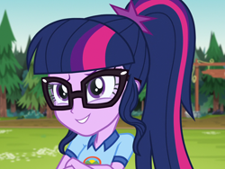 Size: 1438x1080 | Tagged: safe, screencap, sci-twi, twilight sparkle, equestria girls, g4, my little pony equestria girls: legend of everfree, adorkable, camp everfree outfits, clothes, cropped, cute, sci-twiabetes, shirt, smiling, solo, twiabetes