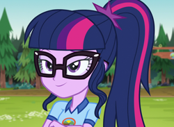 Size: 1474x1080 | Tagged: safe, screencap, sci-twi, twilight sparkle, equestria girls, g4, legend of everfree, camp everfree outfits, cropped, smiling, solo
