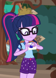 Size: 764x1064 | Tagged: safe, screencap, sci-twi, twilight sparkle, equestria girls, g4, legend of everfree, camp everfree outfits, cropped, smiling, solo