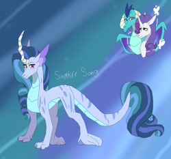 Size: 1280x1192 | Tagged: safe, artist:mayflower-mlp, princess ember, rarity, oc, oc:sapphire song, dracony, dragon, hybrid, pony, unicorn, g4, abstract background, curved horn, dragoness, female, horn, interspecies offspring, lesbian, magical lesbian spawn, offspring, parent:princess ember, parent:rarity, parents:emberity, quadrupedal, ship:emberity, shipping
