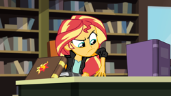 Size: 1920x1080 | Tagged: safe, screencap, sunset shimmer, equestria girls, friendship games, g4, book, bookshelf, library