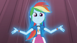 Size: 1920x1080 | Tagged: safe, screencap, rainbow dash, equestria girls, g4, my little pony equestria girls: friendship games, breasts, clothes, collar, female, glowing, shirt, skirt, skirt lift, solo, sparkles, spread arms, t-shirt, teenager, wristband