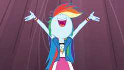 Size: 1920x1080 | Tagged: safe, screencap, rainbow dash, equestria girls, g4, my little pony equestria girls: friendship games, arms in the air, chs rally song, cute, dashabetes, female, hair, hand, happy, joy, mawshot, nose, nose in the air, open mouth, singing, teeth, tongue out, uvula, volumetric mouth
