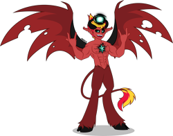 Size: 4000x3132 | Tagged: safe, artist:orin331, sunset shimmer, demon, satyr, equestria girls, g4, my little pony equestria girls, abs, corrupted, devil horn (gesture), element of magic, equestria guys, evil, evil grin, grin, magic, male, muscles, muscular male, rule 63, sharp teeth, simple background, smiling, solo, sunset glare, sunset lucifer, sunset satan, teeth, transparent background, wings