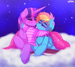 Size: 1592x1426 | Tagged: safe, artist:aaa-its-spook, rainbow dash, twilight sparkle, alicorn, pegasus, pony, g4, :p, blanket, book, clothes, cloud, eyes closed, female, lesbian, mlem, scarf, shared clothing, shared scarf, ship:twidash, shipping, silly, size difference, sky, starry sky, stars, tongue out, twilight sparkle (alicorn)