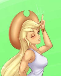 Size: 2000x2500 | Tagged: safe, artist:albertbm, applejack, equestria girls, g4, adorasexy, bracelet, breasts, busty applejack, clothes, cowboy hat, cute, female, freckles, green background, hat, high res, implied lesbian, implied rarijack, implied shipping, jewelry, one eye closed, sexy, simple background, smiling, solo, stetson, tank top, wink