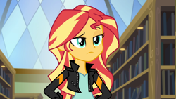 Size: 1920x1080 | Tagged: safe, screencap, sunset shimmer, equestria girls, g4, my little pony equestria girls: friendship games, female, frown, library, solo, unamused