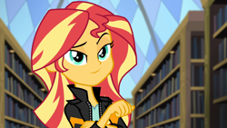Size: 1920x1080 | Tagged: safe, screencap, sunset shimmer, equestria girls, g4, my little pony equestria girls: friendship games, female, lidded eyes, smiling, smirk, solo