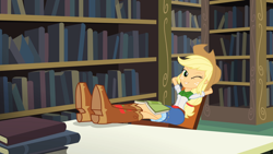 Size: 1920x1080 | Tagged: safe, screencap, applejack, equestria girls, g4, my little pony equestria girls: friendship games, book, bookshelf, boots, clothes, cowboy boots, feet on table, female, one eye closed, seductive, shoes, solo, the "superman wink", wink