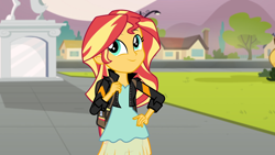 Size: 1920x1080 | Tagged: safe, screencap, sunset shimmer, equestria girls, g4, my little pony equestria girls: friendship games, backpack, clothes, cute, female, hand on hip, jacket, leather, leather jacket, shimmerbetes, smiling, solo, statue