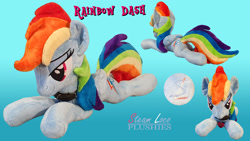 Size: 1920x1080 | Tagged: safe, artist:steam-loco, rainbow dash, pegasus, pony, g4, bedroom eyes, collar, cutie mark, embroidery, female, folded wings, heart, irl, multiple views, photo, plushie, solo, wings