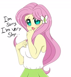 Size: 3803x4096 | Tagged: safe, artist:kittyrosie, fluttershy, equestria girls, g4, blushing, breasts, busty fluttershy, clothes, colored pupils, cute, dialogue, digital art, female, high res, looking at you, open mouth, shy, shyabetes, simple background, solo, text, white background