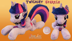 Size: 1920x1080 | Tagged: safe, artist:steam-loco, twilight sparkle, alicorn, pony, g4, bedroom eyes, collar, cutie mark, embroidery, female, folded wings, heart, horn, irl, multiple views, photo, plushie, solo, twilight sparkle (alicorn), wings