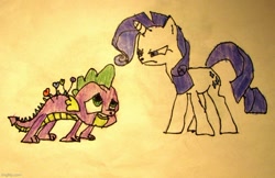 Size: 768x499 | Tagged: safe, artist:spikeabuser, rarity, spike, dragon, pony, unicorn, g4, green isn't your color, abuse, drawing, pincushion spike, scene interpretation, shitposting, traditional art