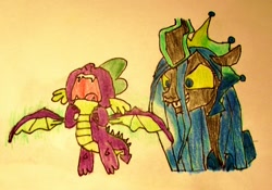 Size: 1024x718 | Tagged: safe, artist:spikeabuser, queen chrysalis, spike, changeling, changeling queen, dragon, g4, the ending of the end, abuse, drawing, female, go to sleep garble, male, op is a duck, scene interpretation, shitposting, traditional art, ultimate chrysalis, wing pull, winged spike, wings