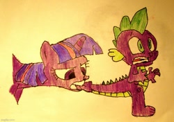 Size: 710x500 | Tagged: safe, artist:spikeabuser, spike, twilight sparkle, dragon, pony, g4, green isn't your color, biting, drawing, scene interpretation, tail bite, traditional art