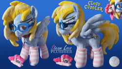 Size: 1920x1080 | Tagged: safe, artist:steam-loco, pinkie pie, oc, oc:cloud cuddler, pegasus, pony, g4, bedroom eyes, clothes, collar, cutie mark, embroidery, female, glasses, heart, irl, multiple views, pegasus oc, photo, plushie, socks, solo, spread wings, striped socks, wings