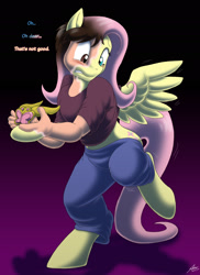 Size: 1772x2430 | Tagged: safe, artist:catmonkshiro, fluttershy, human, pegasus, pony, g4, clothes, commission, cutie mark, digital art, element of kindness, gritted teeth, holding, hooves, human to pony, male to female, rule 63, shocked, shocked expression, simple background, solo, tail, text, transformation, transgender transformation, wing growth, wings