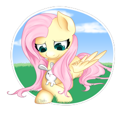 Size: 1741x1570 | Tagged: safe, artist:grace-likes-cake, angel bunny, fluttershy, pegasus, pony, g4, cute, duo, looking down, lying down, prone, shyabetes, simple background, smiling, transparent background