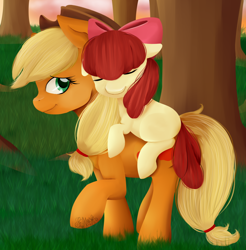 Size: 1760x1792 | Tagged: safe, artist:grace-likes-cake, apple bloom, applejack, earth pony, pony, g4, adorabloom, apple bloom riding applejack, apple sisters, blank flank, cute, female, filly, jackabetes, mare, ponies riding ponies, riding, siblings, sisters, sleeping