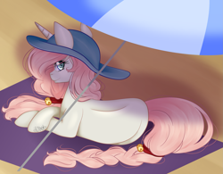 Size: 2773x2163 | Tagged: safe, artist:grace-likes-cake, oc, oc only, oc:blushing breakfast, pony, unicorn, beach, beach blanket, beach umbrella, crossed hooves, female, hat, heart eyes, high res, looking back, lying down, mare, prone, solo, sun hat, wingding eyes