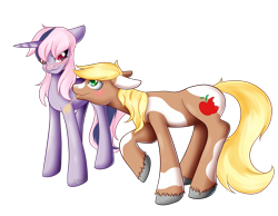 Size: 2250x1750 | Tagged: safe, artist:grace-likes-cake, oc, oc only, oc:apple crunch, oc:comet star, earth pony, pony, unicorn, blushing, duo, female, floppy ears, looking at each other, male, mare, offspring, parent:applejack, parent:flash sentry, parent:twilight sparkle, parents:flashlight, simple background, stallion, straw in mouth, transparent background, unshorn fetlocks
